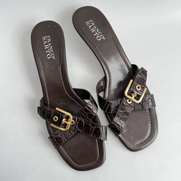 Franco Sarto Sandals Size 11M Brown Slides Gold Buckle Mules - Picture 9 of 10